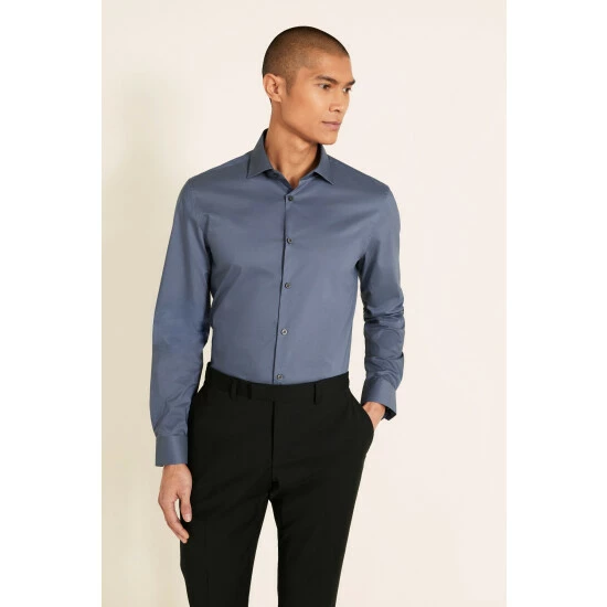 Moss Bros Moss Blue Slim Fit French Navy Stretch Shirt 1 Moss Bros Moss Blue Slim Fit French Navy Stretch Shirt