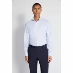 Moss Bros Moss Blue Short-Sleeved Slim Fit Sky Oxford Stripe Non-Iron Shirt