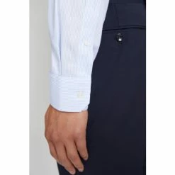 Moss Bros Moss Blue Short-Sleeved Slim Fit Sky Oxford Stripe Non-Iron Shirt -Moss Bros shop unnamed file 369