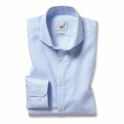 Moss Bros Moss Blue Short-Sleeved Slim Fit Sky Oxford Stripe Non-Iron Shirt -Moss Bros shop unnamed file 370