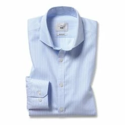 Moss Bros Moss Blue Short-Sleeved Slim Fit Sky Oxford Stripe Non-Iron Shirt -Moss Bros shop unnamed file 371