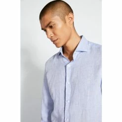 Moss Bros Moss Aqua Blue Tailored Fit Long Sleeve Linen Shirt