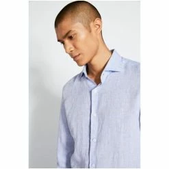 Moss Bros Moss Aqua Blue Tailored Fit Long Sleeve Linen Shirt -Moss Bros shop unnamed file 374