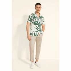 Moss Bros Moss Green Slim Fit Bamboo Print Short Sleeve Shirt