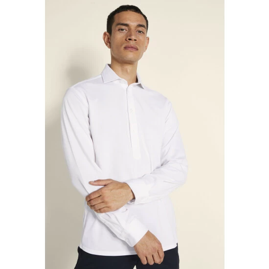 Moss Bros Moss White Knit Popover Tailored Fit Shirt 1 Moss Bros Moss White Knit Popover Tailored Fit Shirt