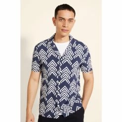 Moss Bros Moss Navy Blue Slim Fit Chevron Print Short Sleeve Shirt