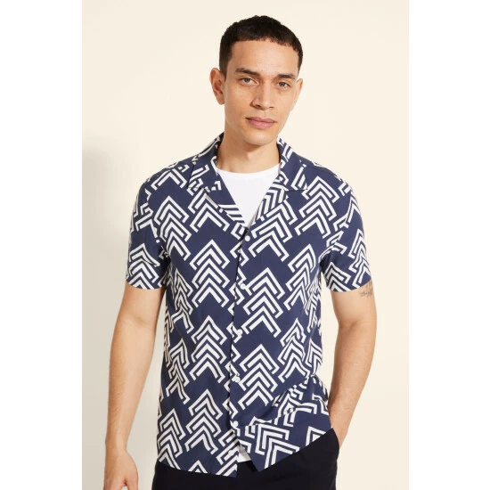Moss Bros Moss Navy Blue Slim Fit Chevron Print Short Sleeve Shirt 1 Moss Bros Moss Navy Blue Slim Fit Chevron Print Short Sleeve Shirt
