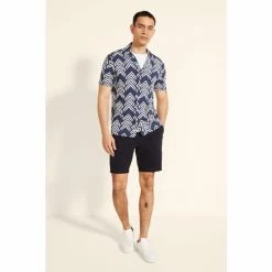 Alternative view of Moss Bros Moss Navy Blue Slim Fit Chevron Print Short Sleeve Shirt