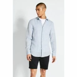 Moss Bros Moss Blue Tailored Fit Sky Long Sleeve Linen Shirt