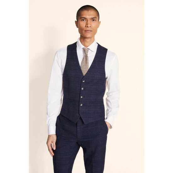 Moss Bros Moss Skinny/Slim Fit Navy Check Suit: Waistcoat 4 Moss Bros Moss Skinny/Slim Fit Navy Check Suit: Waistcoat - Image 4