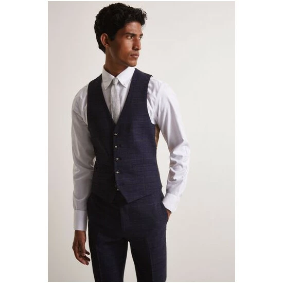 Moss Bros Moss Skinny/Slim Fit Navy Check Suit: Waistcoat 5 Moss Bros Moss Skinny/Slim Fit Navy Check Suit: Waistcoat - Image 5
