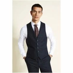 Moss Bros Blue Slim Fit Check Suit: Waistcoat