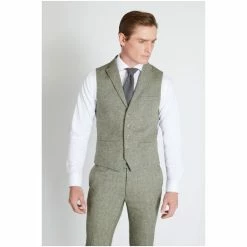 Moss Bros Moss Sage Herringbone Tweed Suit: Waistcoat