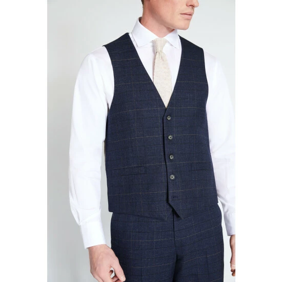 Moss Bros Moss Navy/Black Check Regular Fit Suit: Waistcoat 3 Moss Bros Moss Navy/Black Check Regular Fit Suit: Waistcoat - Image 3