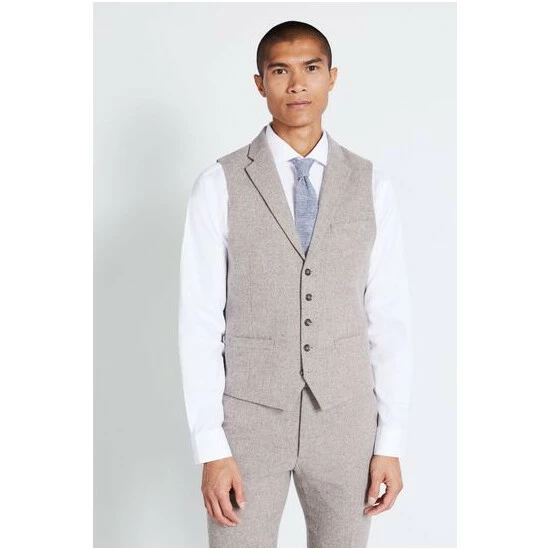Moss Bros Moss Slim Fit Stone Donegal Suit: Waistcoat 1 Moss Bros Moss Slim Fit Stone Donegal Suit: Waistcoat