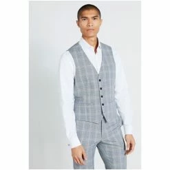 Moss Bros Moss Slim Fit Aqua Windowpane Waistcoat