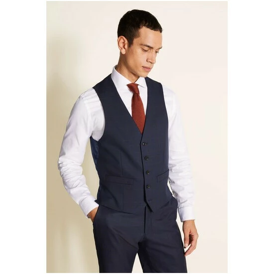 Moss Bros Moss Regular Fit Navy With Burgundy Overcheck Suit: Waistcoat 3 Moss Bros Moss Regular Fit Navy With Burgundy Overcheck Suit: Waistcoat - Image 3