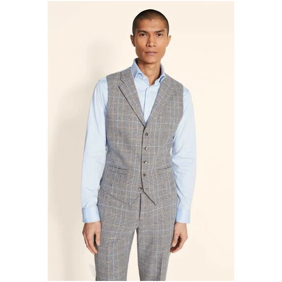 Moss Bros Moss Tailored Fit B&W With Blue Check Suit Waistcoat New