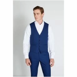 Moss Bros Moss Slim Fit Blue Slub Suit: Waistcoat