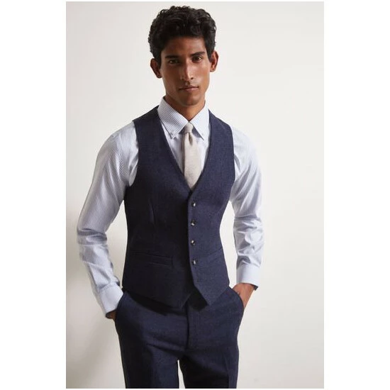 Moss Bros Moss Slim Fit Blue Donegal Suit: Waistcoat 1 Moss Bros Moss Slim Fit Blue Donegal Suit: Waistcoat
