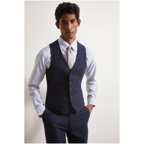 Moss Bros Moss Slim Fit Blue Donegal Suit: Waistcoat 2 Moss Bros Moss Slim Fit Blue Donegal Suit: Waistcoat - Image 2