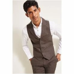 Moss Bros Brown Slim Fit Chocolate Herringbone Waistcoat