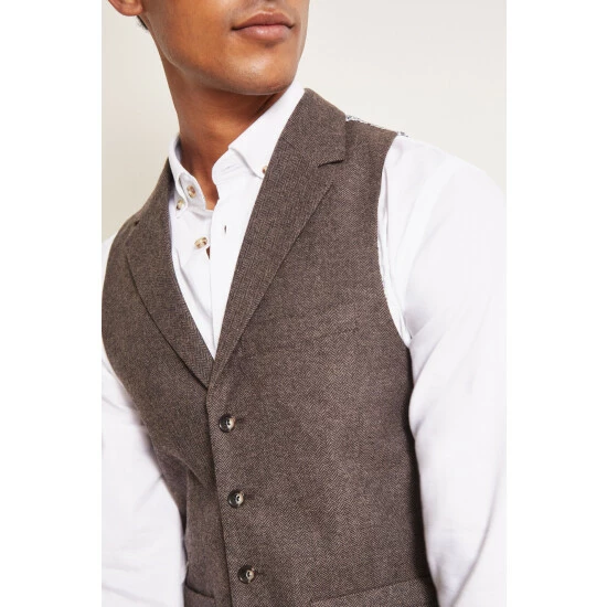Moss Bros Brown Slim Fit Chocolate Herringbone Waistcoat 3 Moss Bros Brown Slim Fit Chocolate Herringbone Waistcoat - Image 3