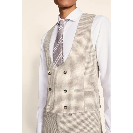 Moss Bros Moss Slim Fit Brown Houndstooth Suit: Waistcoat 3 Moss Bros Moss Slim Fit Brown Houndstooth Suit: Waistcoat - Image 3