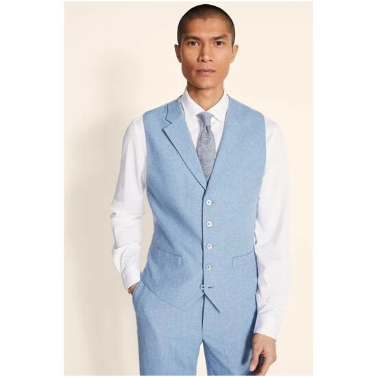 Moss Bros Moss Tailored Fit Dusty Blue Herringbone Suit: Waistcoat 1 Moss Bros Moss Tailored Fit Dusty Blue Herringbone Suit: Waistcoat