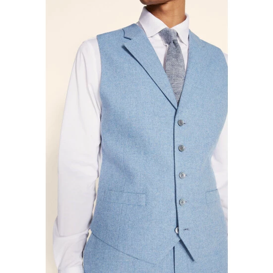 Moss Bros Moss Tailored Fit Dusty Blue Herringbone Suit: Waistcoat 3 Moss Bros Moss Tailored Fit Dusty Blue Herringbone Suit: Waistcoat - Image 3