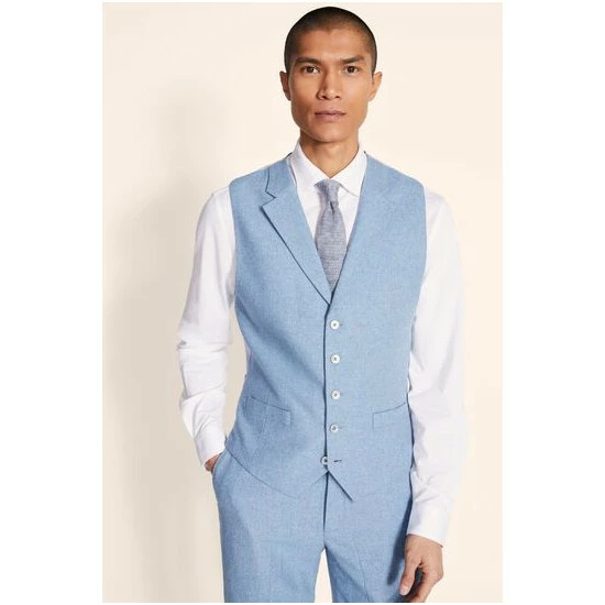 Moss Bros Moss Tailored Fit Dusty Blue Herringbone Suit: Waistcoat 4 Moss Bros Moss Tailored Fit Dusty Blue Herringbone Suit: Waistcoat - Image 4