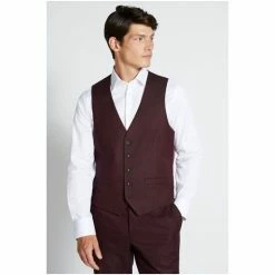 Moss Bros Red Regular Fit Fig Flannel Waistcoat