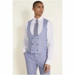 Moss Bros Moss Blue Tailored Fit Dusty Linen Waistcoat