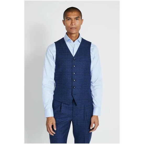Moss Bros Moss Blue Check Slim Fit Suit: Waistcoat 1 Moss Bros Moss Blue Check Slim Fit Suit: Waistcoat