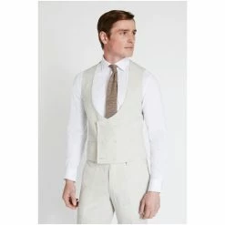 Moss Bros Grey Slim Fit Stone Puppytooth Linen Waistcoat