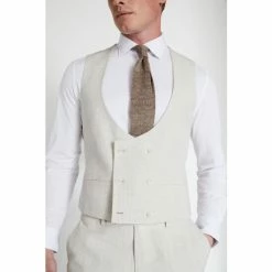 Moss Bros Grey Slim Fit Stone Puppytooth Linen Waistcoat -Moss Bros shop unnamed file 782