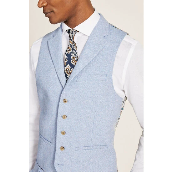 Moss Bros Moss Slim Fit Light Blue Tweed Waistcoat 3 Moss Bros Moss Slim Fit Light Blue Tweed Waistcoat - Image 3