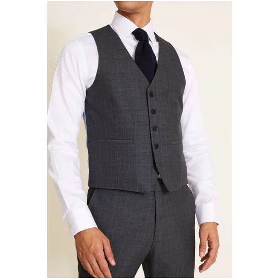 Moss Bros Moss Grey Slim Fit Check Suit: Waistcoat 3 Moss Bros Moss Grey Slim Fit Check Suit: Waistcoat - Image 3