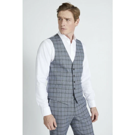 Moss Bros Tailored Fit Mid Blue Check Suit: Waistcoat 1 Moss Bros Tailored Fit Mid Blue Check Suit: Waistcoat