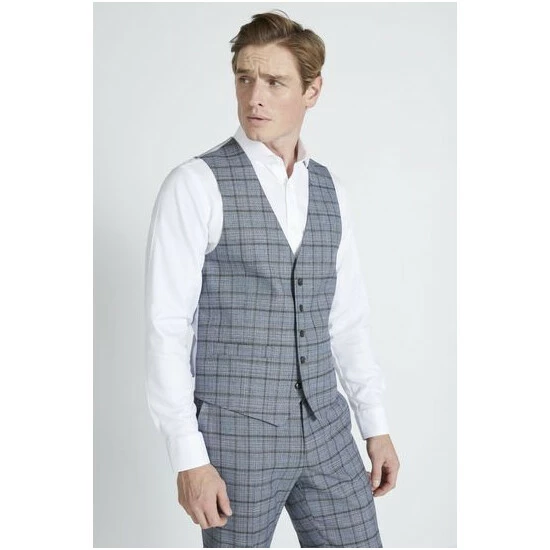 Moss Bros Tailored Fit Mid Blue Check Suit: Waistcoat 3 Moss Bros Tailored Fit Mid Blue Check Suit: Waistcoat - Image 3