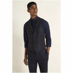 Moss Bros X Barberis Navy Blue Tailored Fit Check Waistcoat