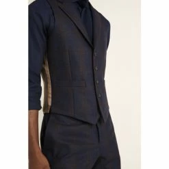 Moss Bros X Barberis Navy Blue Tailored Fit Check Waistcoat -Moss Bros shop unnamed file 859