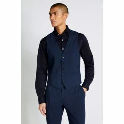 Moss Bros Moss Slim Fit Navy Blue Mini Check Waistcoat