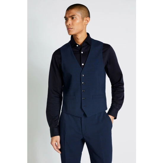 Moss Bros Moss Slim Fit Navy Blue Mini Check Waistcoat 1 Moss Bros Moss Slim Fit Navy Blue Mini Check Waistcoat