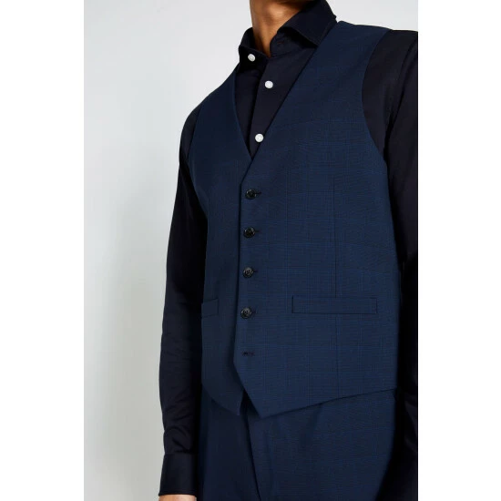 Moss Bros Moss Slim Fit Navy Blue Mini Check Waistcoat 3 Moss Bros Moss Slim Fit Navy Blue Mini Check Waistcoat - Image 3