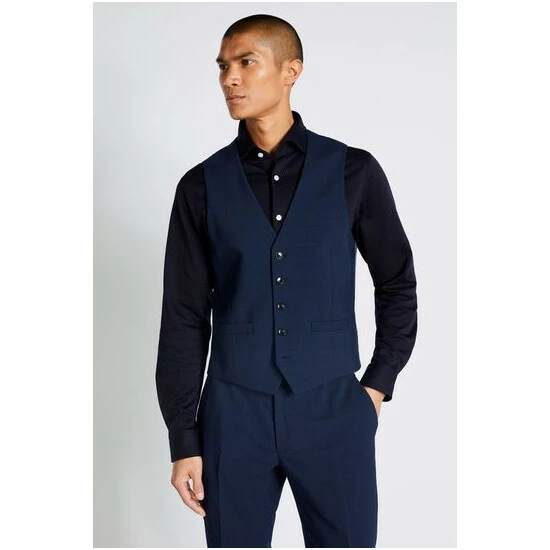 Moss Bros Moss Slim Fit Navy Blue Mini Check Waistcoat 4 Moss Bros Moss Slim Fit Navy Blue Mini Check Waistcoat - Image 4