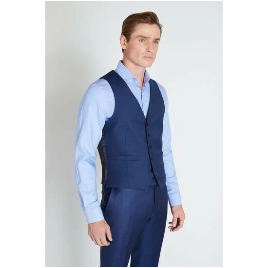 Moss Bros Moss X Reda Slim Fit Blue Sharkskin Suit: Waistcoat 1 Moss Bros Moss X Reda Slim Fit Blue Sharkskin Suit: Waistcoat